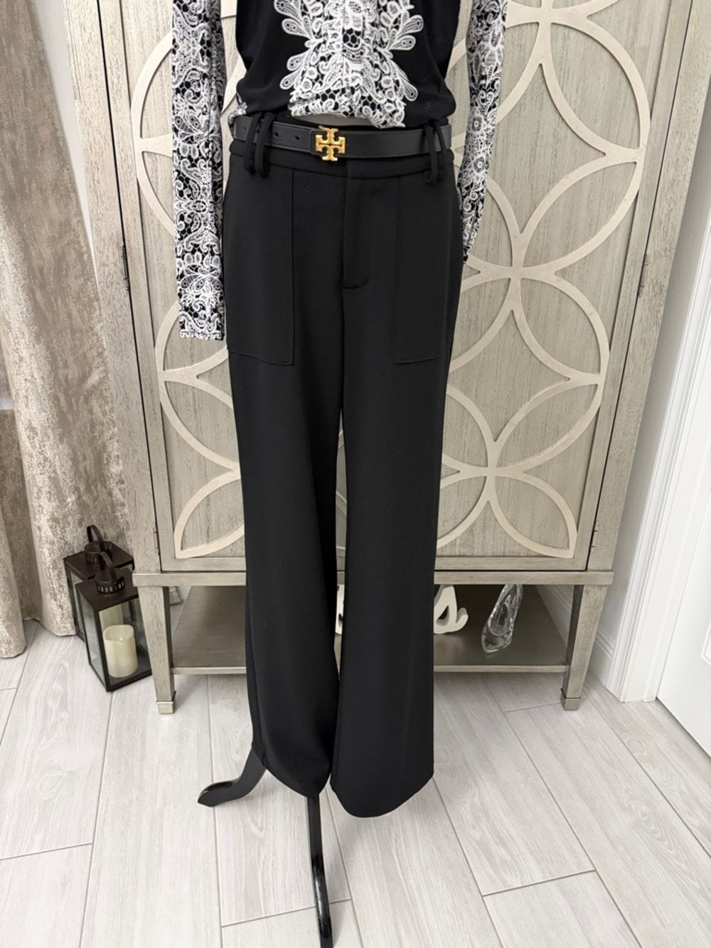 INC International Concepts Black Wide-Leg Trousers with Front Patch Pockets